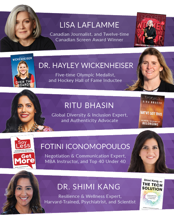 Speaker lineup including Lisa LaFlamme, Dr. Hayley Wickenheiser, Ritu Bhasin, Fotini Iconomopolous, Dr. Shimi Kang