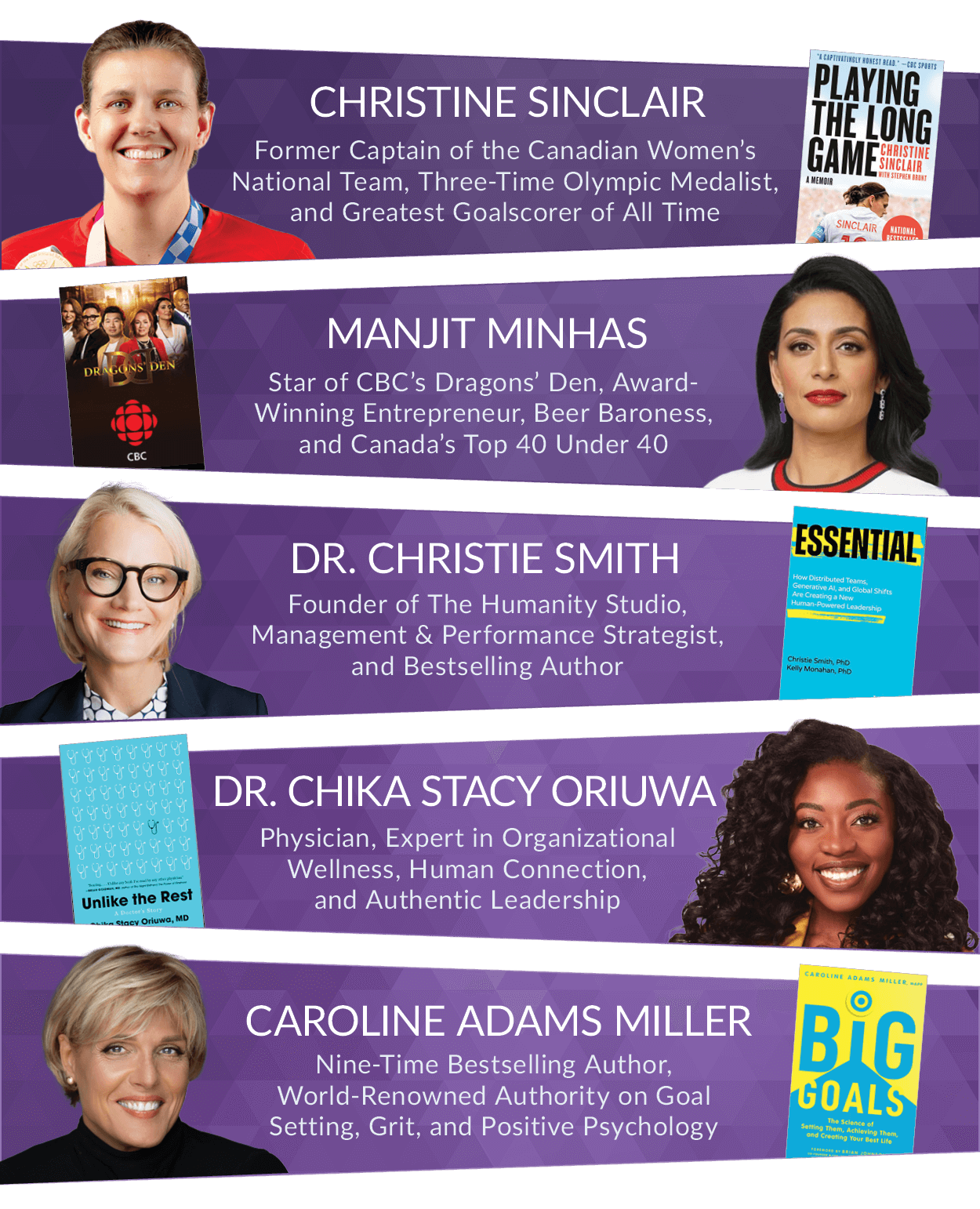 Speaker lineup includes Christine Sinclair, Manjit Minhas, Dr Chika Stacy Oriuwa, Dr Christie smith, and Caroline Adams Miller